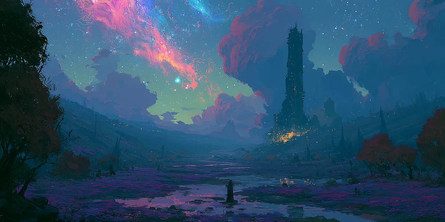 A lone robed figure stands in a violet marsh at dusk, watching a lit obelisk tower rise against a cosmic nebula sky.